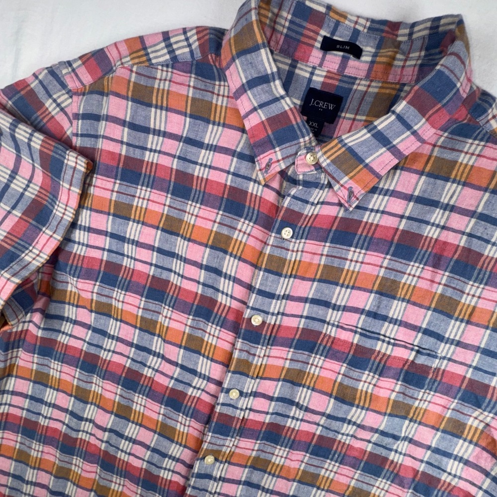 J.Crew Button Down Shirt Mens XXL Pink Blue Plaid Linen Cotton Slim Short Sleeve